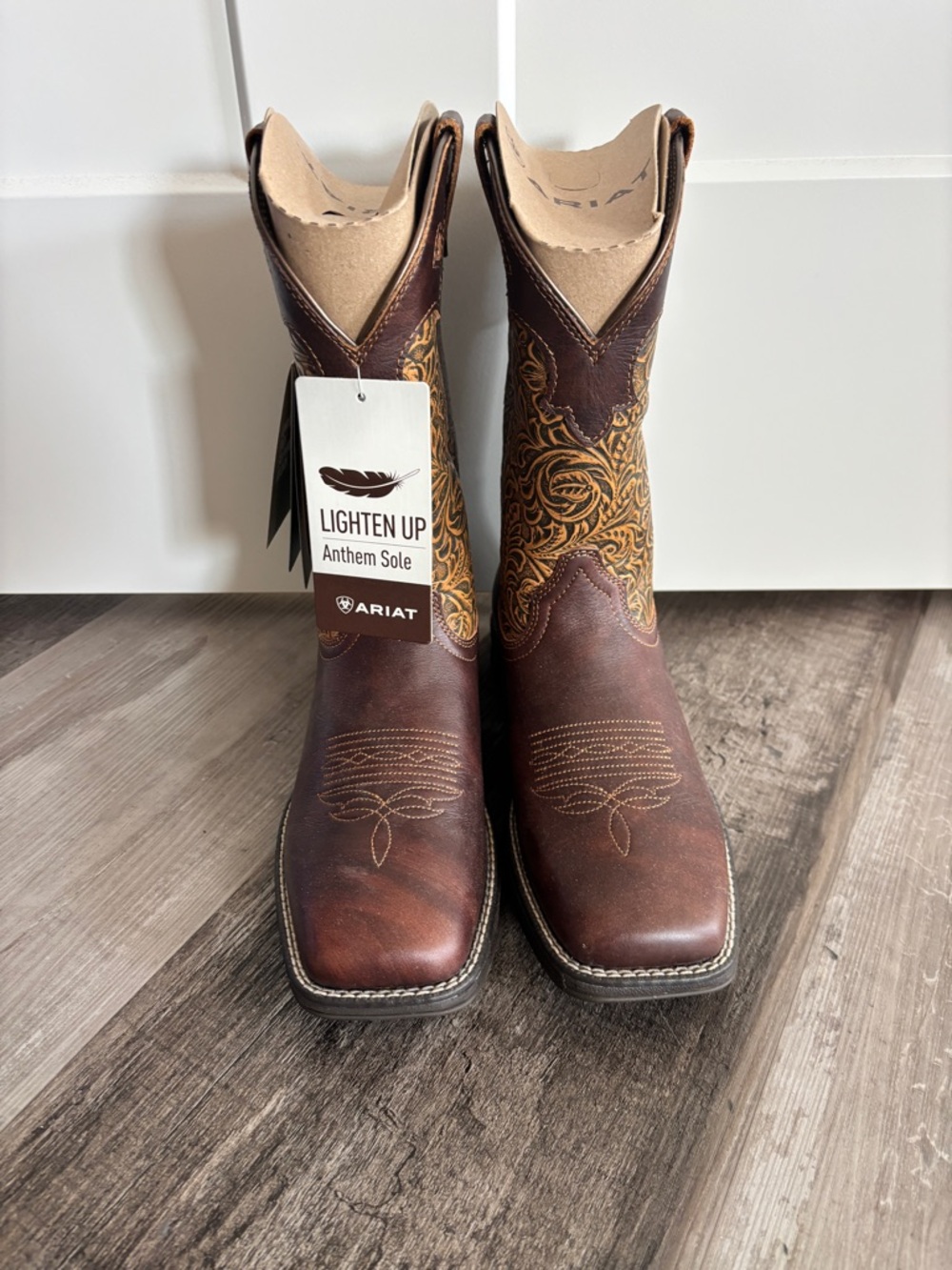 Ariat Dark Brown Leather Western Boots with Tan Embroidered Shaft - Picture 2 of 4